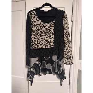 ADORE Womens Black Cream Patchwork Print Long Sleeve Tunic Top L